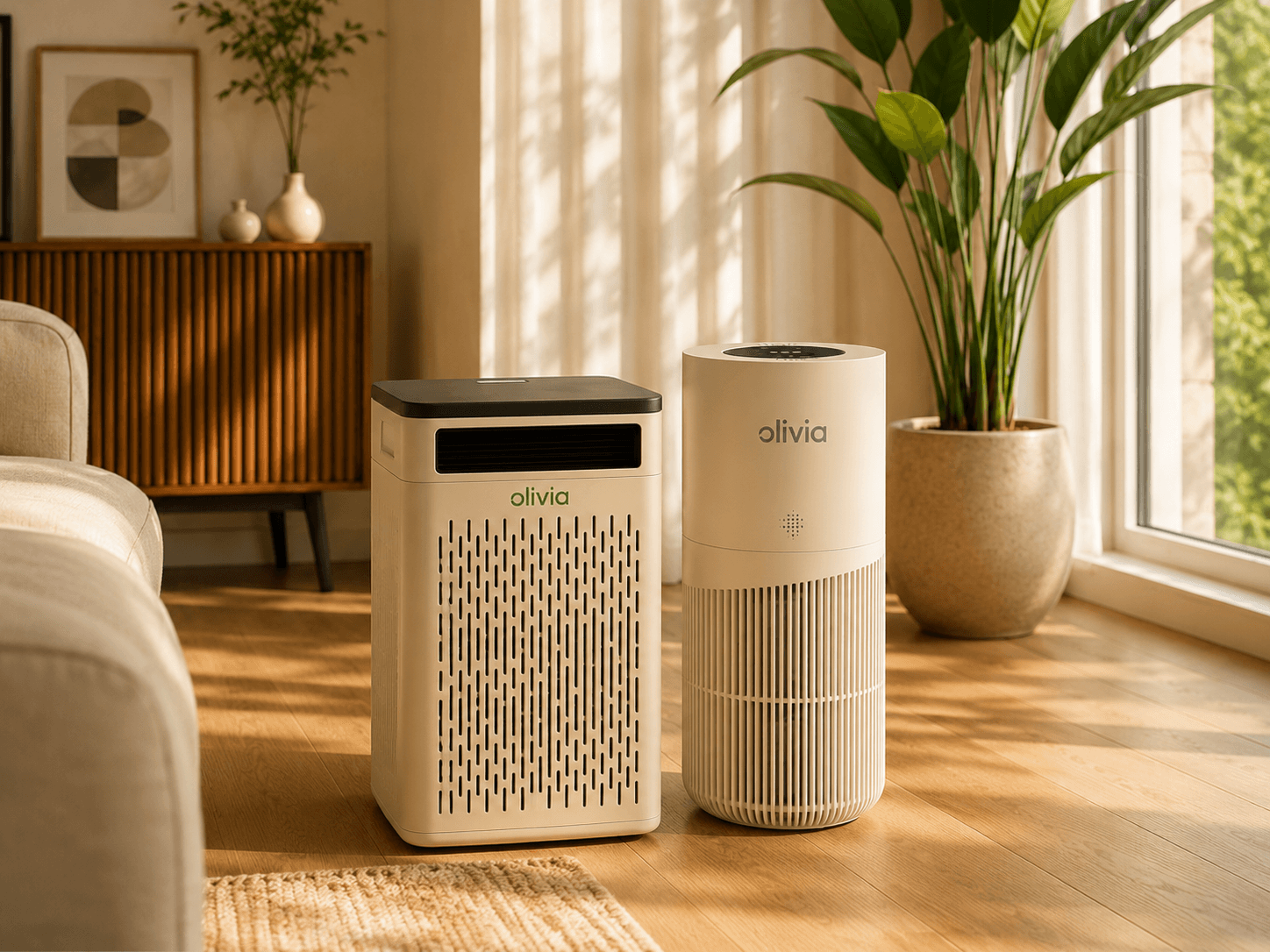 Olivia air purifiers in a bright living room
